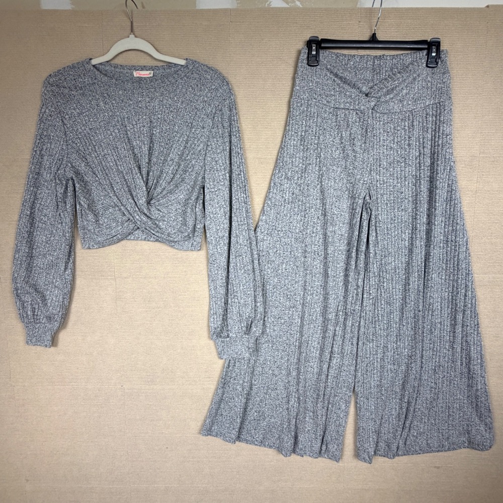 Maronie Gray Ribbed Knit Two Piece Set Crop Top Wide Leg Pants Large